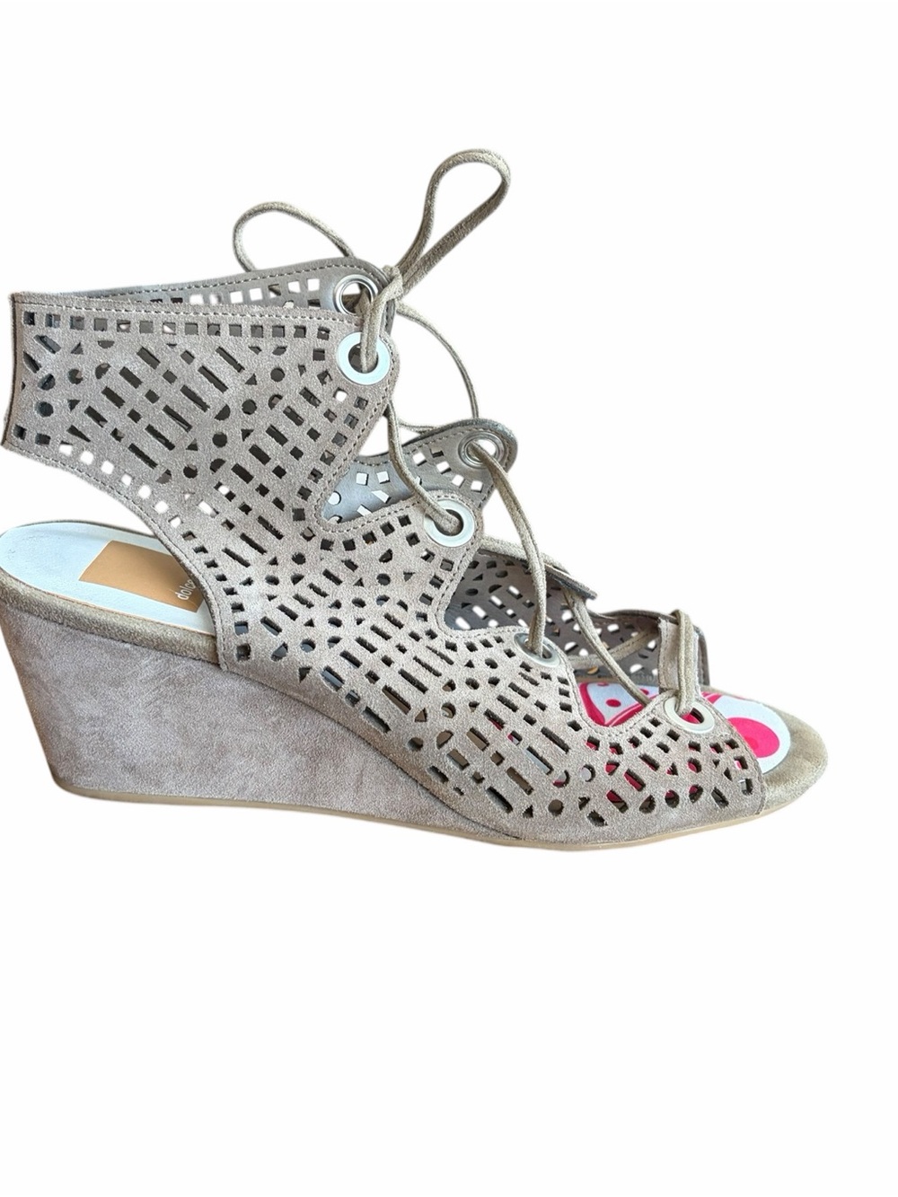 Dolce Vita Laras Perforated Lace Up Wedge Booties Neutral Suede